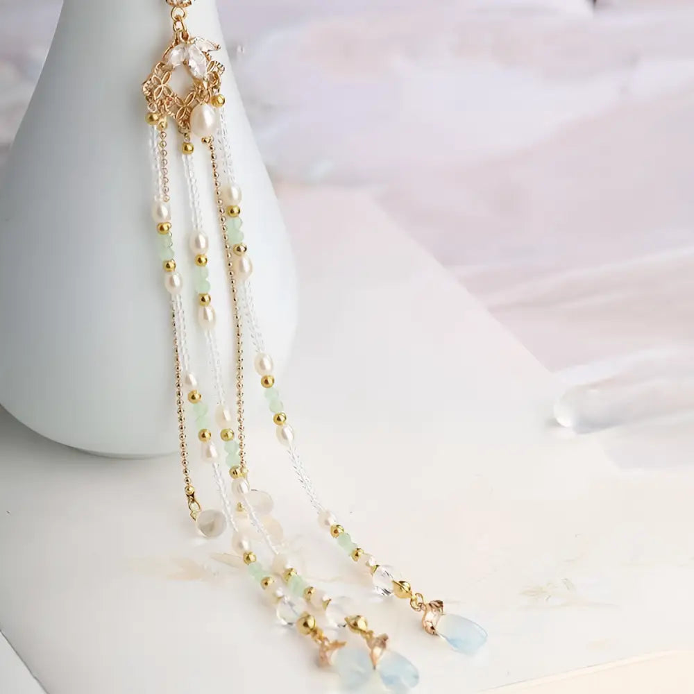 Elegant hanfu ancient style handmade fringed floral hair crown with gold tones, pearls, mint-green beads, and clear crystals