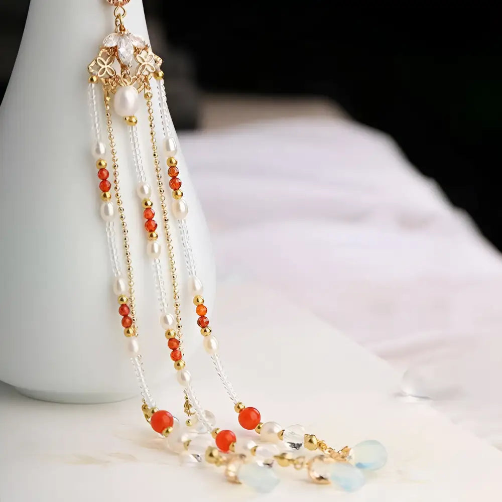 Elegant gold-toned hanfu ancient style floral hair crown with handmade fringed white pearls orange gemstones and crystals