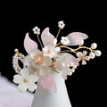 Elegant hanfu ancient style handmade fringed floral hair crown with pink white petals pearls and gold accents