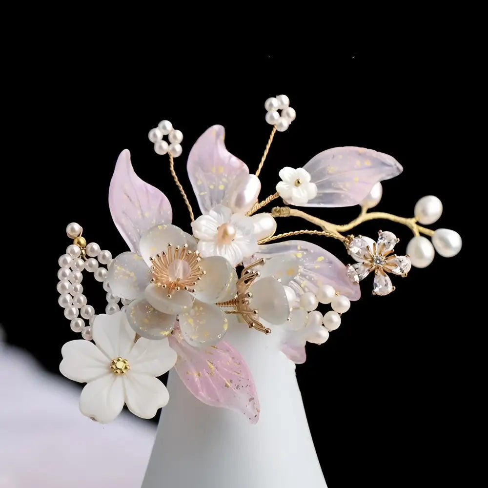 Elegant hanfu ancient style handmade fringed floral hair crown with pink white petals pearls and gold accents