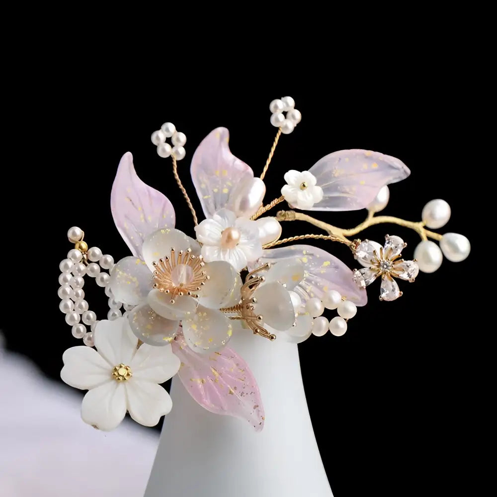 Elegant hanfu ancient style floral hair crown with handmade fringed floral pink white petals gold filigree and pearls