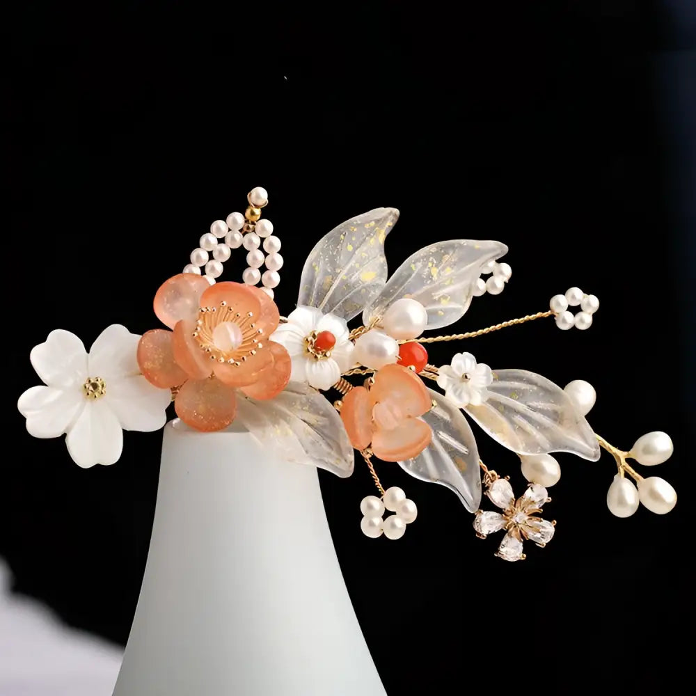 Hanfu ancient style handmade fringed floral hair crown with translucent peach white blossoms pearl accents gold filigree details