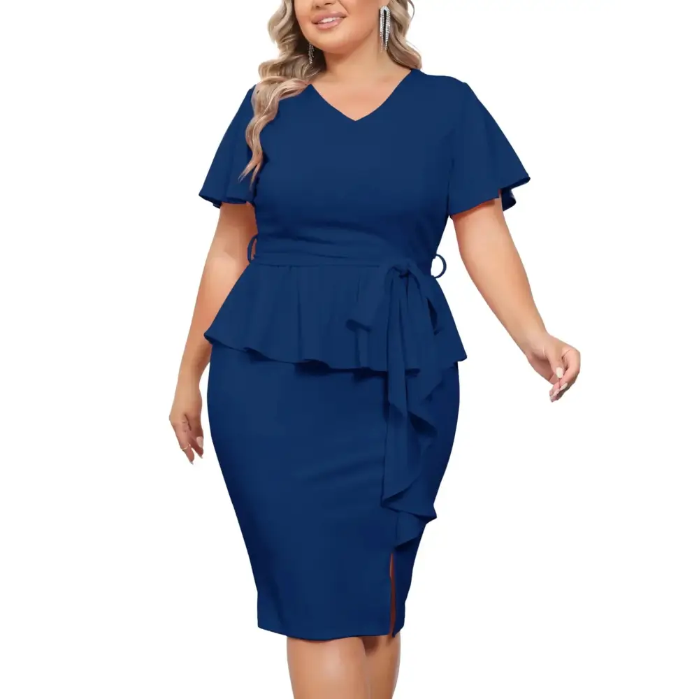 Navy blue peplum bodycon dress with short flutter sleeves and side slit by hanna nikole women plus size collection