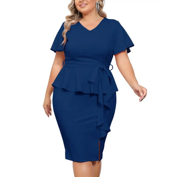 Navy blue peplum bodycon dress with short flutter sleeves and side slit by hanna nikole women plus size collection