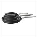 Set of three black hard anodized nonstick fry pans with stainless steel handles in a durable fry pan set