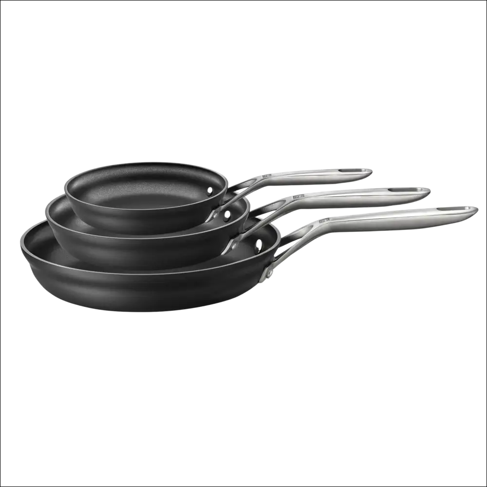 Set of three black hard anodized nonstick fry pans with stainless steel handles in a durable fry pan set