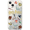 Clear harry potter glitter apple iphone 13 case with silver glitter background and colorful magical item illustrations on back