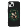 Black transparent harry potter hogwarts plus case featuring gold and green potter hogwarts crest on the back for iphone 14 plus