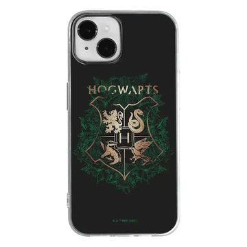 Black transparent harry potter hogwarts plus case featuring gold and green potter hogwarts crest on the back for iphone 14 plus