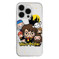 Clear harry potter iphone 14 pro max cover with cartoon illustration and hogwarts castle on white star background