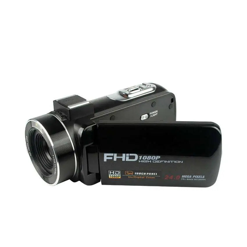 Black digital camera royale essence lux with versatile recording features and flip screen displaying fhd 1080p specifications