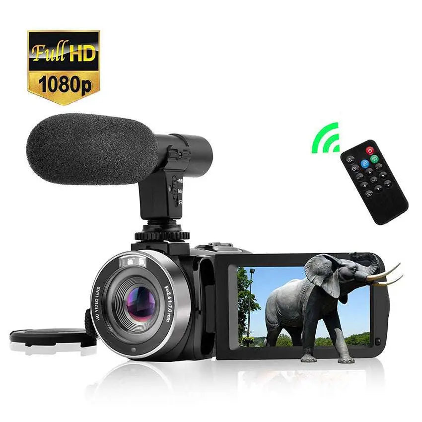 Black digital camera royale essence lux hd camcorder with microphone and flip screen displaying an elephant image