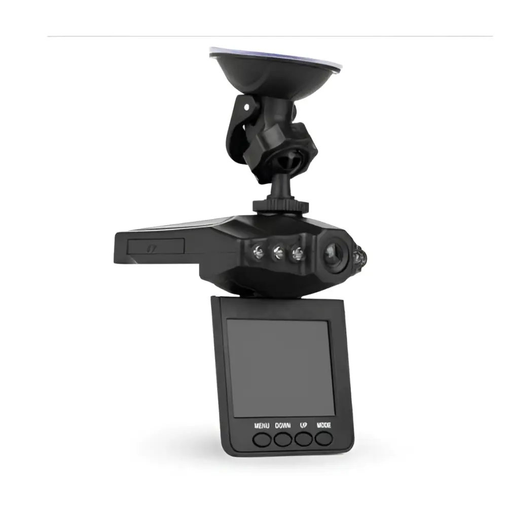 Black plastic hd driving recorder with suction cup mount and small screen below the camera unit for vehicle use