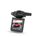 Black plastic hd driving recorder with suction cup mount featuring a small screen and four circular led lights