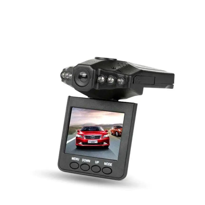 Black plastic hd driving recorder with suction cup mount featuring a small screen and four circular led lights