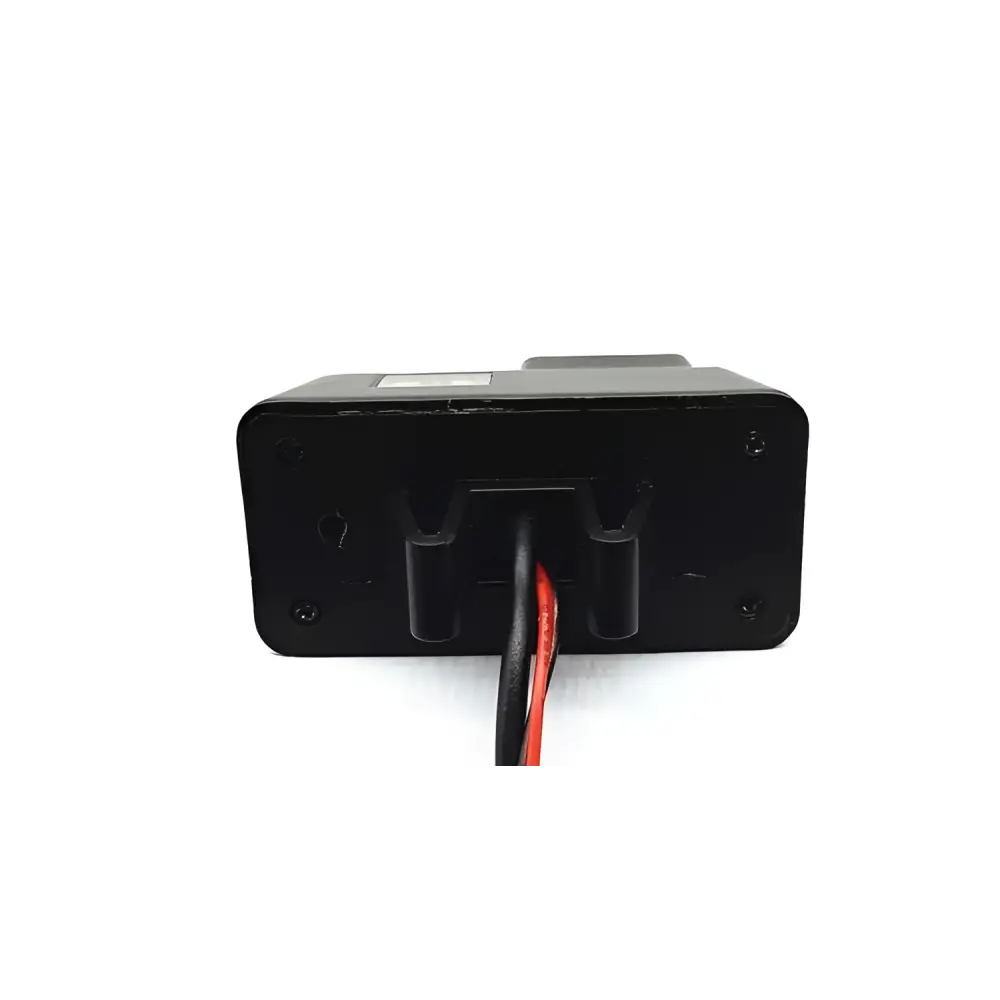 Black rectangular hd night vision reversing rear view camera with red and black cable connectors at the rear side