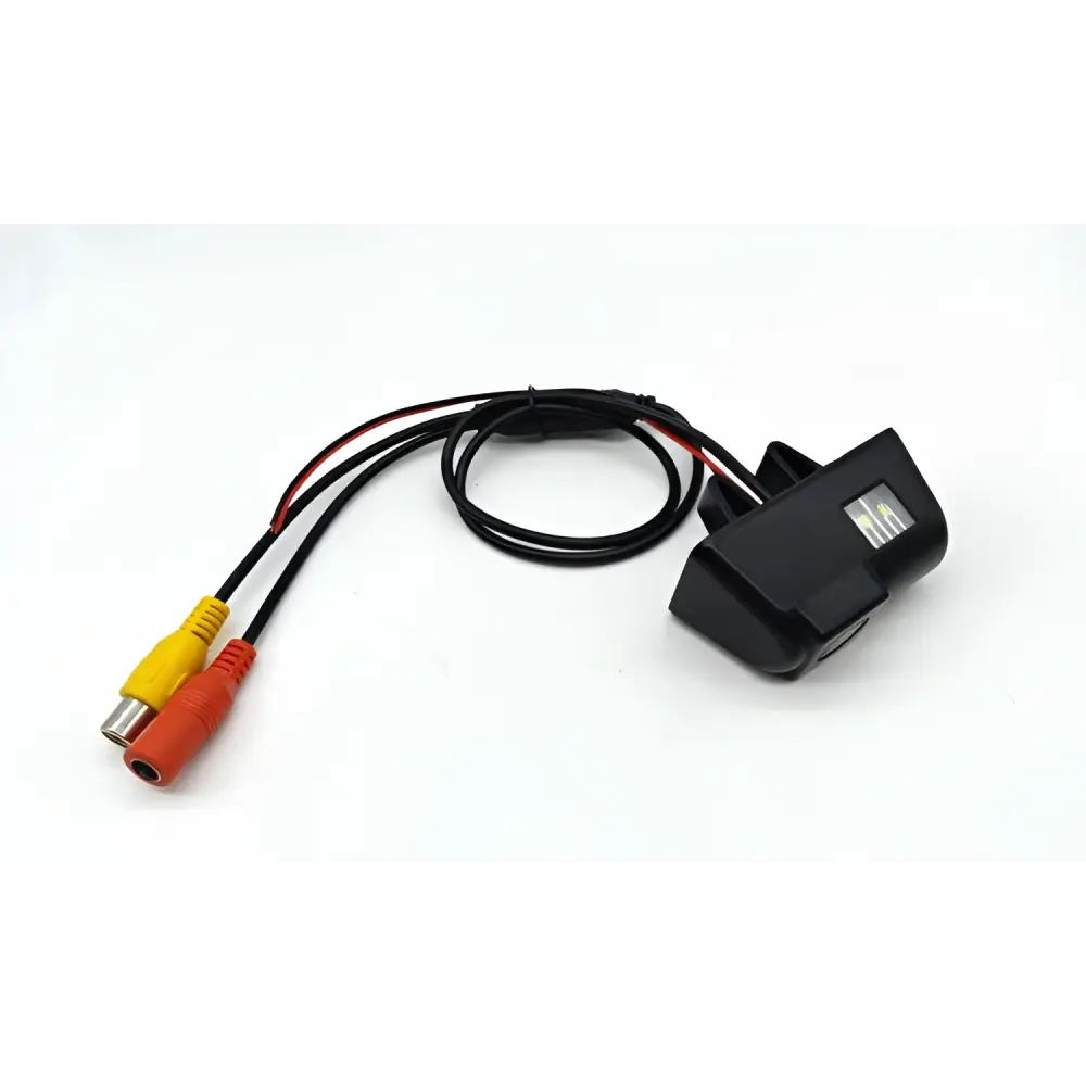 Black plastic hd night vision rear view camera with integrated led lights and red yellow rca connectors back side view