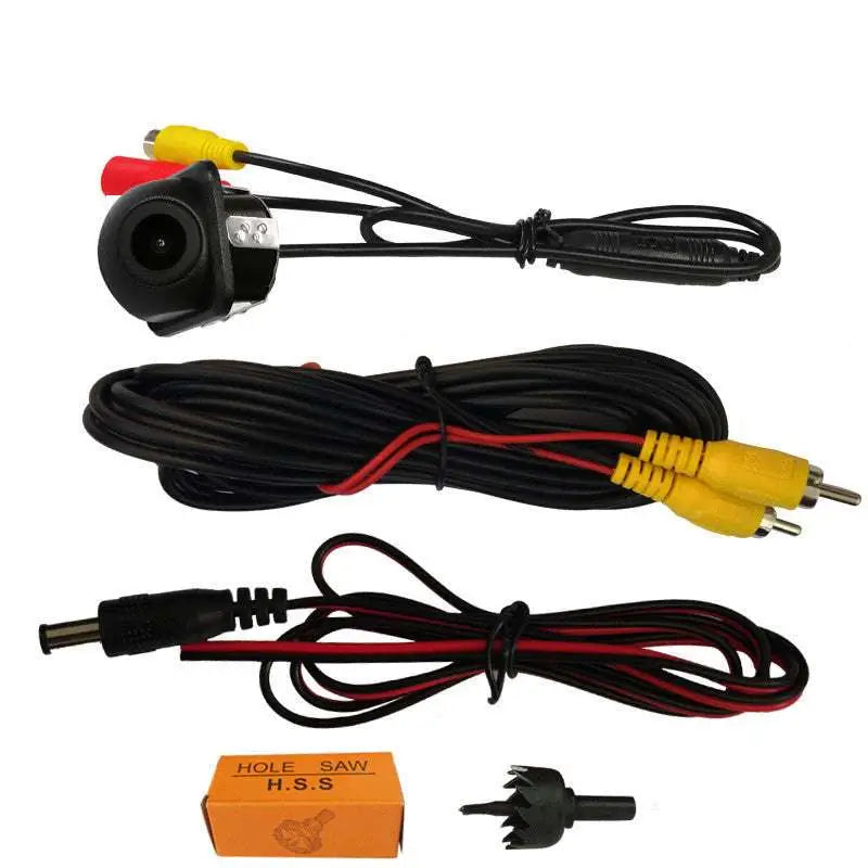 Black plastic hd perforated rear view car camera with mounting bracket rca cables and power wire shown from back side