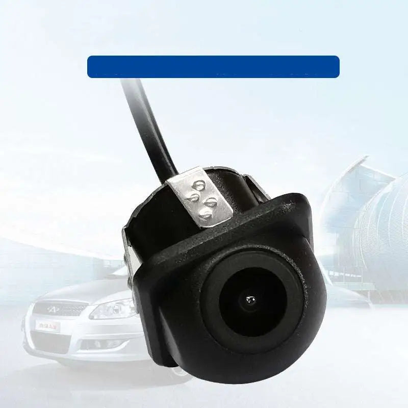 Black plastic hd perforated rear view car camera with metallic mounting bracket and attached cable visible from the back side