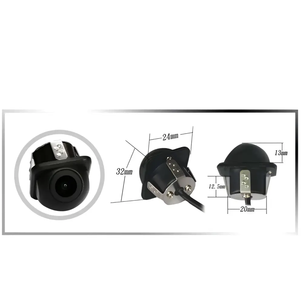 Black plastic hd perforated rear view car camera with metallic mounting bracket and attached wiring shown from the back side