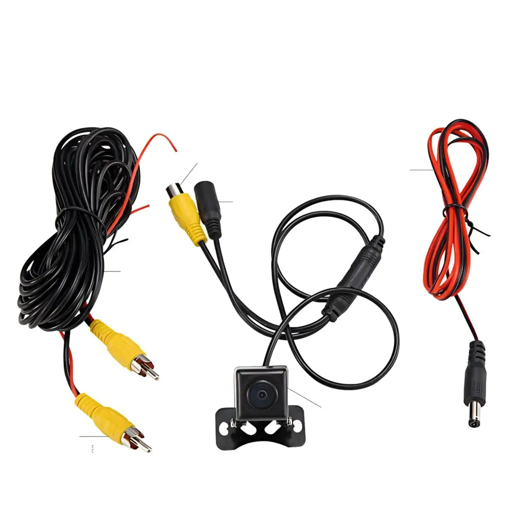 Black square-shaped rear hd car reversing camera with blue lens and metallic mounting bracket shown from back side