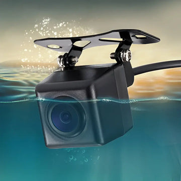 Black square-shaped rear hd car reversing camera with blue lens and metallic mounting bracket shown from back side