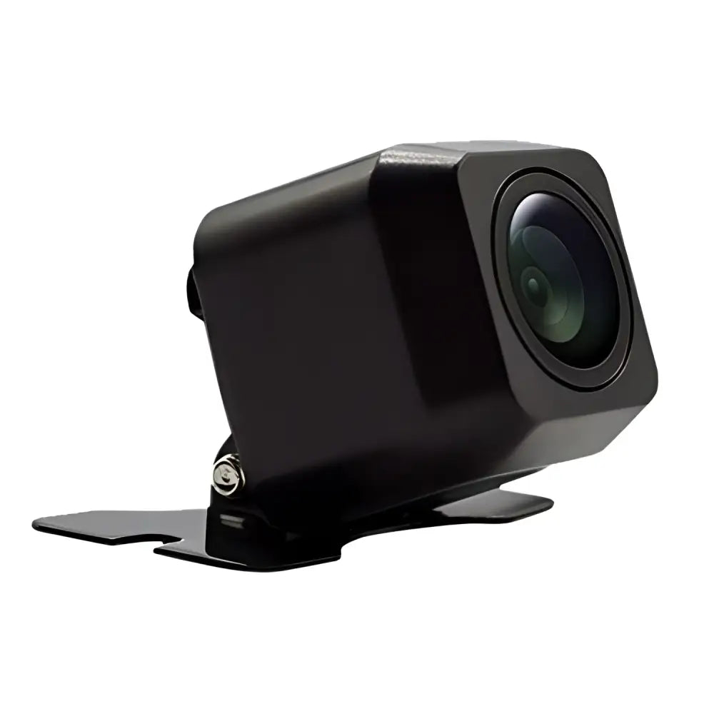 Black square-shaped rearview car reversing camera with mounting bracket and glossy finish featuring a circular lens