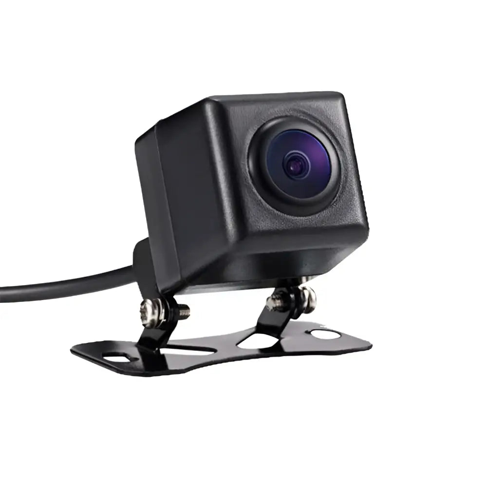 Black square-shaped rear hd car reversing camera with purple lens and metallic mounting bracket for vehicle use