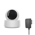 White spherical security camera wifi with black lens and blue light paired with black power adapter for 360 viewing