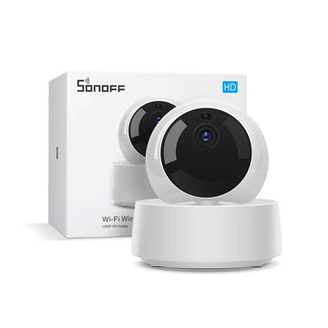 White spherical security camera sonoff with glossy finish and black circular lens for wifi wireless 360 viewing security camera wifi