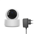 White spherical security camera wifi with black lens blue led indicator and black power adapter for 360 viewing