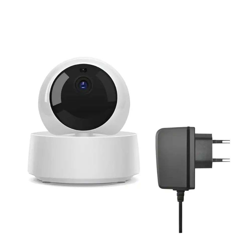 White spherical security camera wifi with black lens blue led indicator and black power adapter for 360 viewing