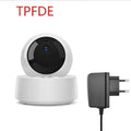 White spherical security camera wifi with black lens and tpfde logo for 360 viewing and wireless app control