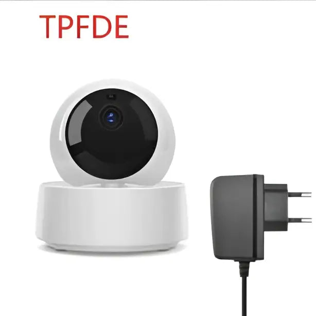 White spherical security camera wifi with black lens and tpfde logo for 360 viewing and wireless app control