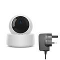 White spherical security camera with black lens blue light and black uk-style power adapter for security camera wifi use