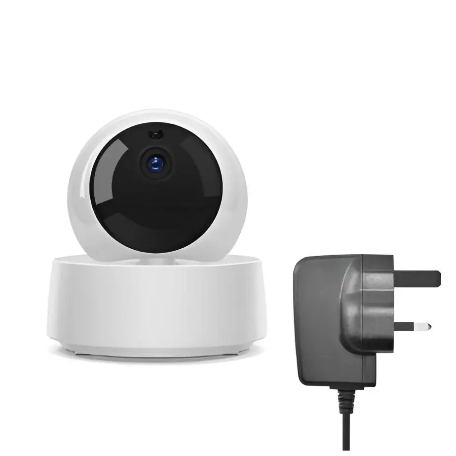 White spherical security camera with black lens blue light and black uk-style power adapter for security camera wifi use