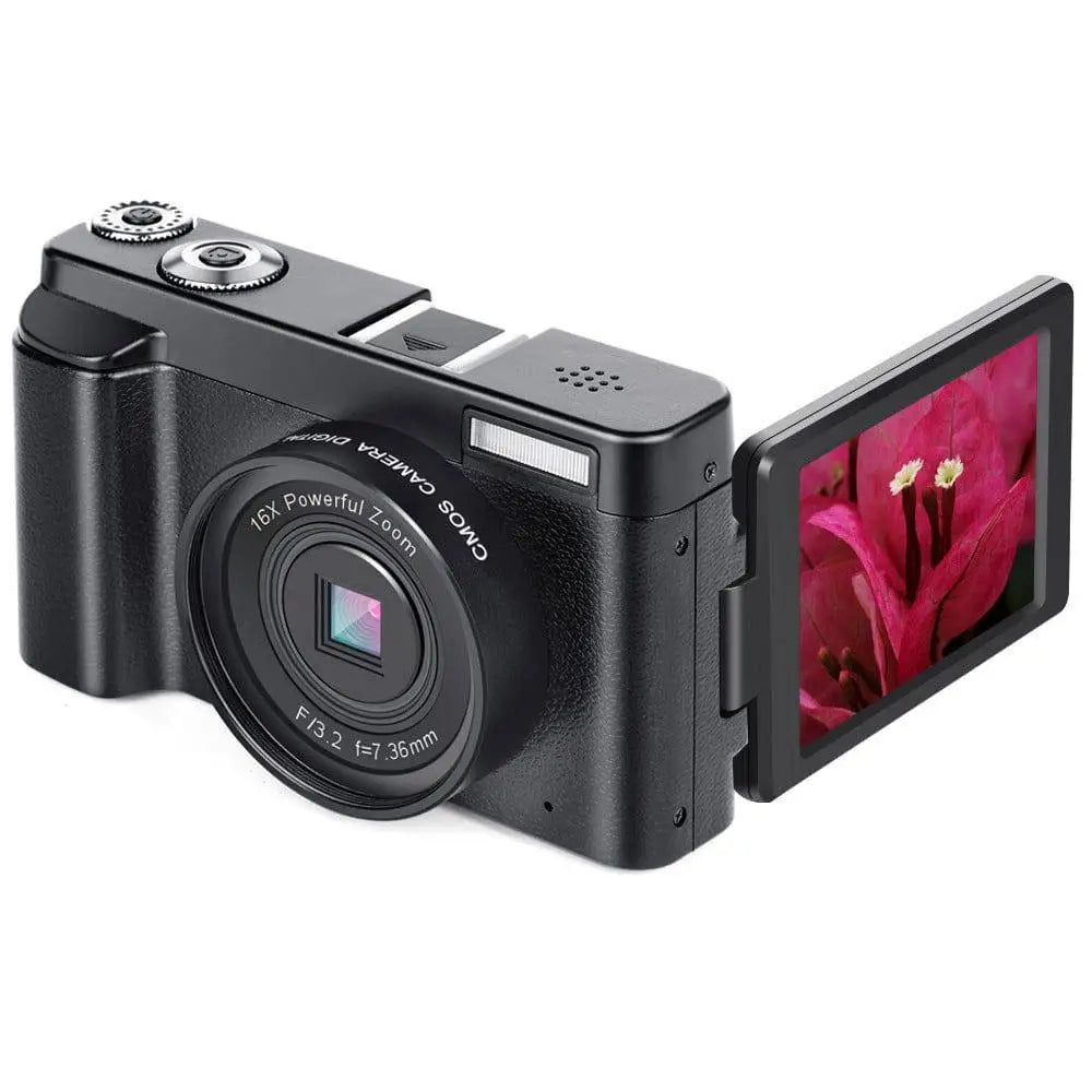 Black wifi slr camera with 16x powerful zoom and digital flip screen displaying a vibrant pink flower on lcd