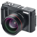 Black wifi slr camera with textured body and red accents featuring digital flip screen and 16x powerful zoom lens