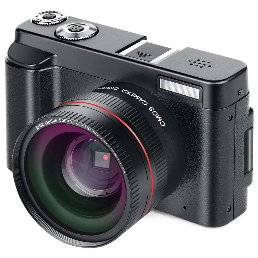 Black wifi slr camera with textured body and red accents featuring digital flip screen and 16x powerful zoom lens