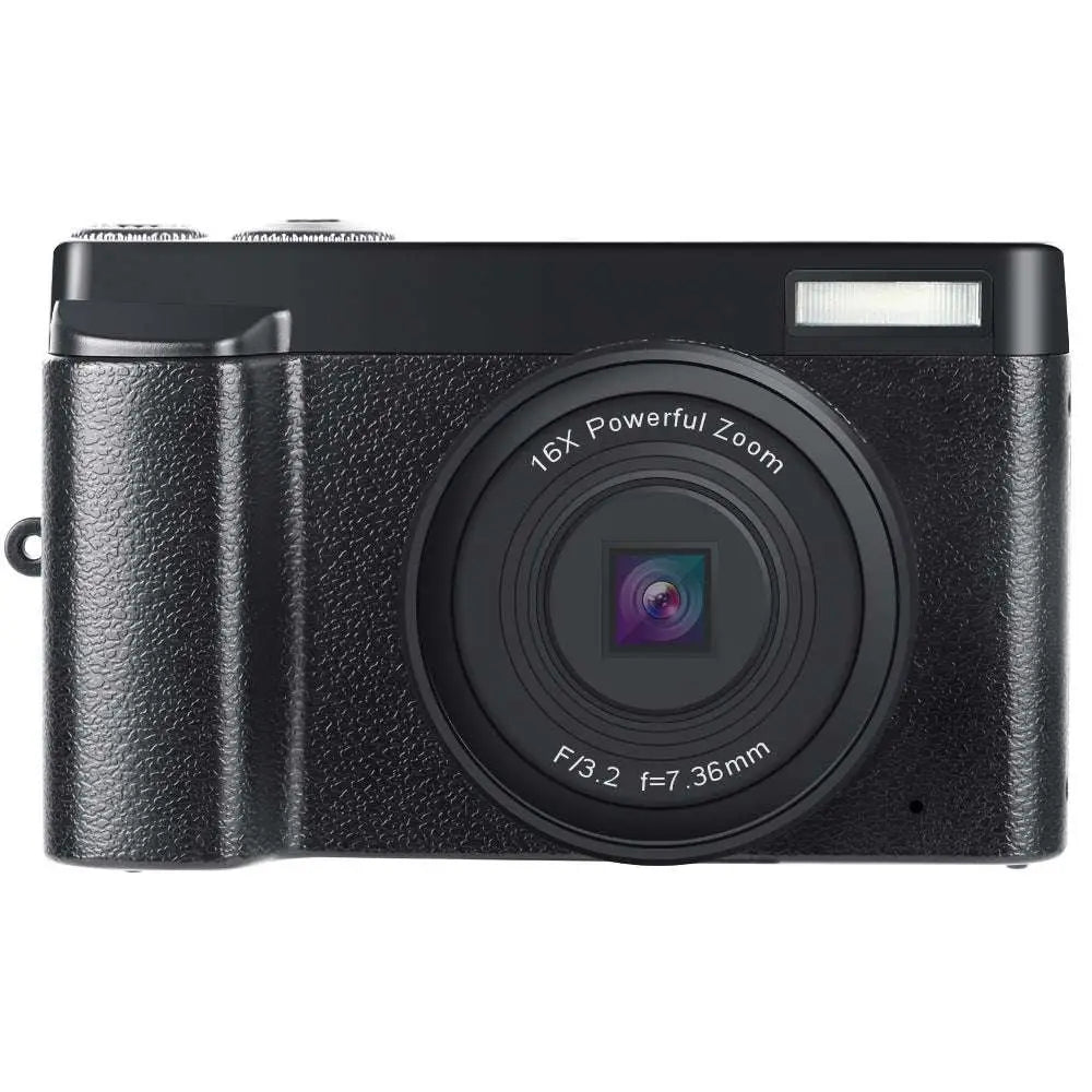 Black wifi slr camera with textured grip and 16x powerful zoom lens featuring a digital flip screen