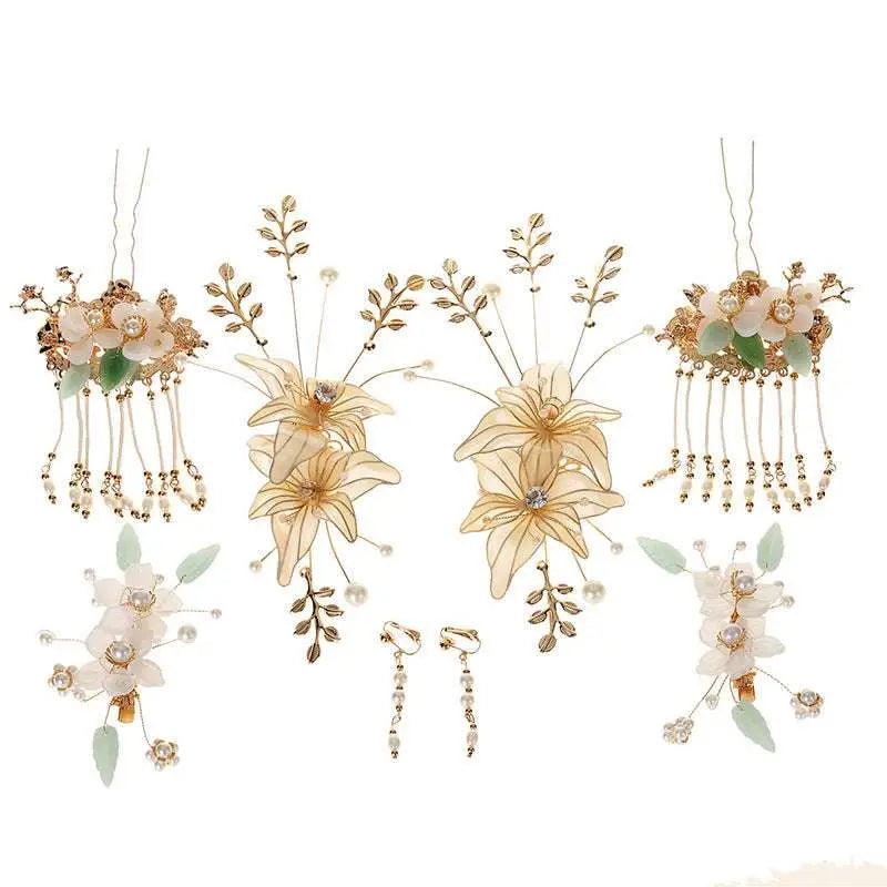 Elegant ivory and green bride chinese luxury floral hairpins with jade leaves pearls and matching drop earrings