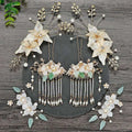 Elegant white and green bride chinese luxury floral hairpins with jade leaves pearl accents and gold-toned metalwork
