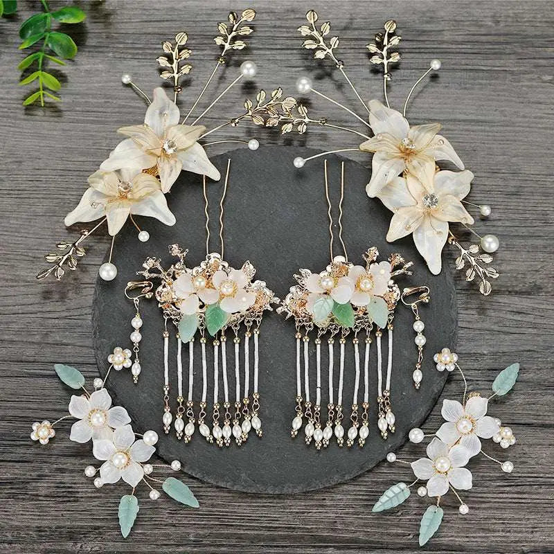 Elegant ivory and green bride chinese luxury floral hairpins with jade leaves pearls and matching drop earrings
