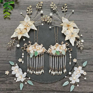 Elegant ivory and green bride chinese luxury floral hairpins with jade leaves pearls and matching drop earrings