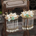 Elegant bride chinese luxury gold-toned hairpins with jade leaves pearl accents and matching drop earrings for bridal use