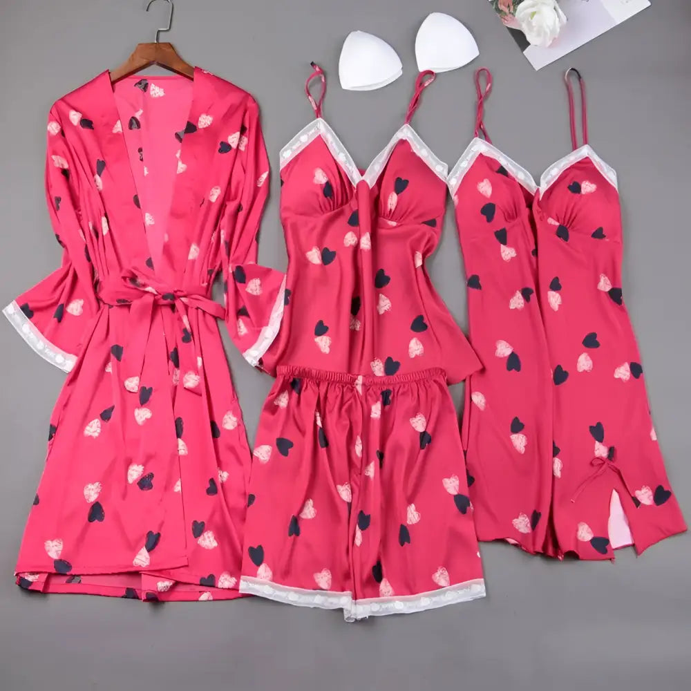 Pink satin women’s silk slip nightdress with black and white heart printed pyjama nightdress and lace trim edges
