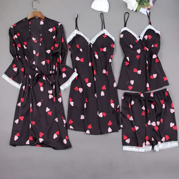 Black satin women’s silk slip nightdress with red and white heart printed pyjama nightdress and lace trim details