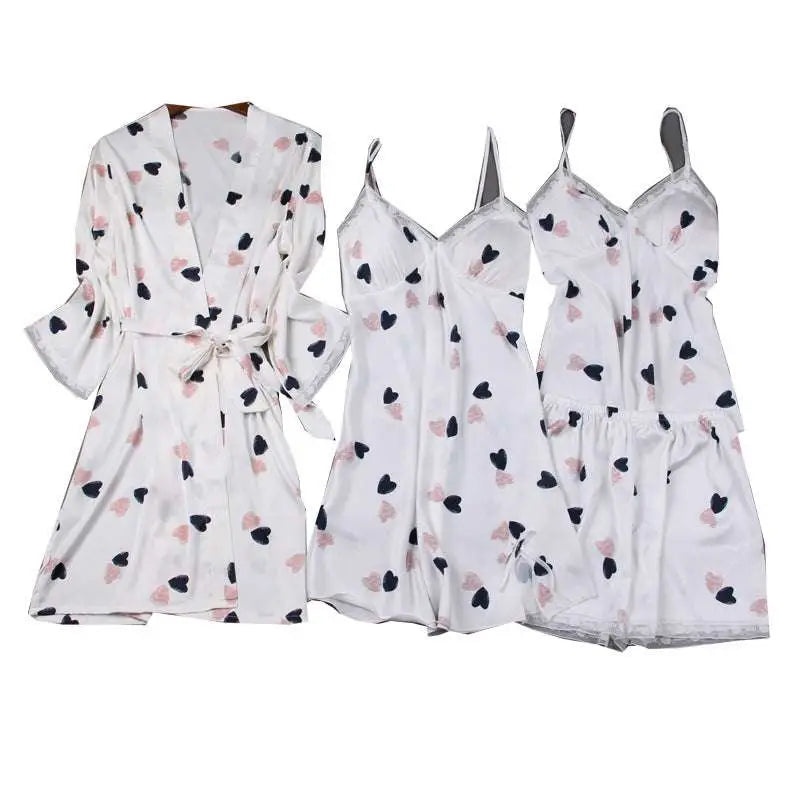 Black satin women’s silk slip nightdress with red and white heart printed pyjama nightdress and lace trim details