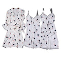 White satin women’s silk slip nightdress with black pink heart prints lace trim includes robe camisole and shorts