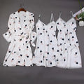 White satin women’s silk slip nightdress with black and pink heart printed pyjama nightdress and lace trim robe